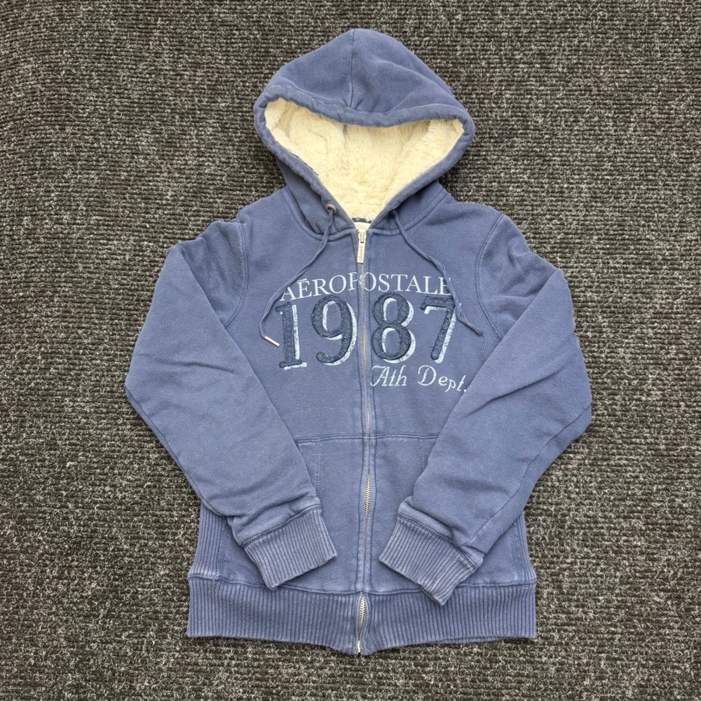 Aeropostale 1987 Ath Dept Sherpa Lined Zip Up Hoodie Navy Blue Womens Medium